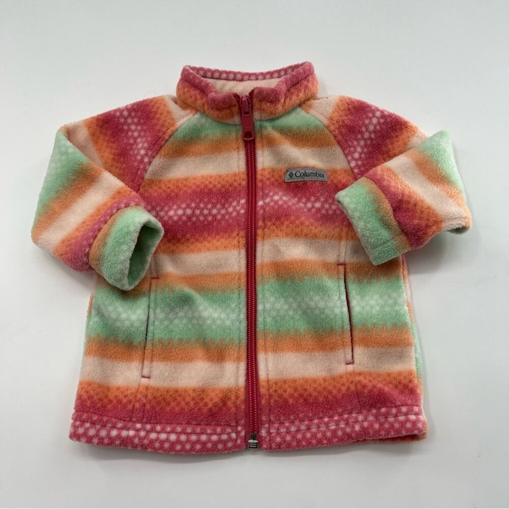 Columbia Girl’s Pink Green Orange Striped Fleece Full Zip Jacket Warm Winter